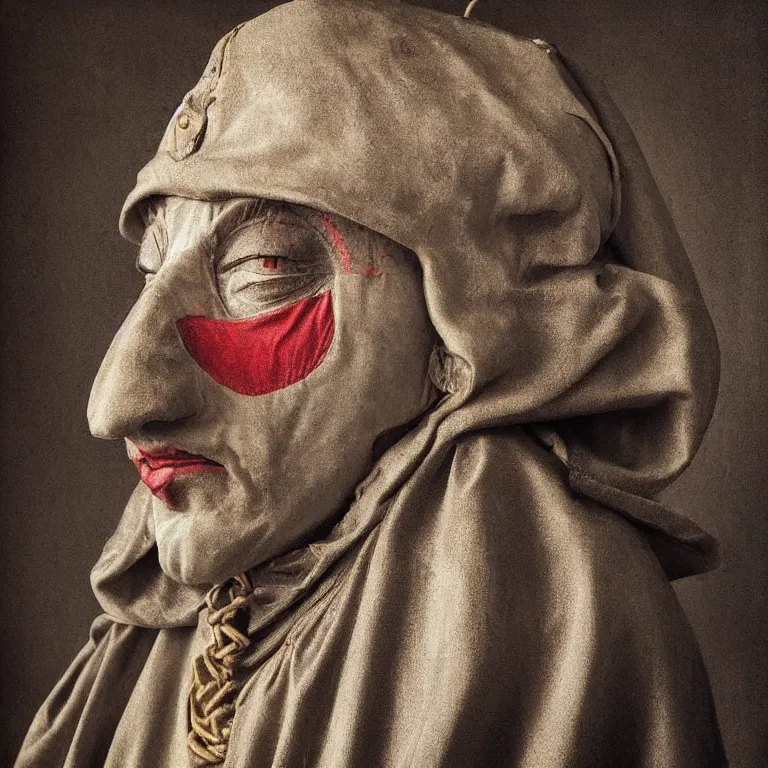 Prompt: “portrait a medieval jester, studio lighting hyperreal photograph old royal medieval painting jester masks”