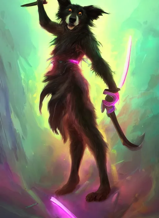 Image similar to wide angle beautiful full body portrait of a cute male anthropomorphic anthro border collie fursona wearing a barbarian outfit in a dark neon rainbow, character design by charlie bowater, henry asencio, and ross tran, disney, scenic background, detailed, glamor pose, aesthetic, trending on artstation, furaffinity, deviantart