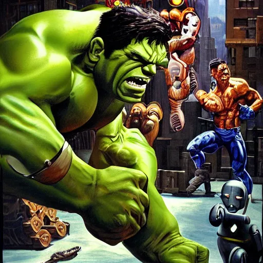 Prompt: the hulk fighting a robot beaver, oil on canvas, epic, intricate, full scene, 8 k highly professionally detailed, hdr, joe jusko