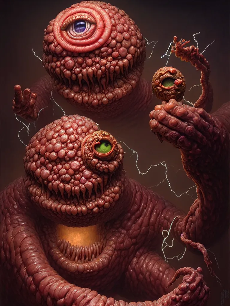 Prompt: hyperrealistic rendering, fat smooth cronenberg flesh monster d & d beholder by donato giancola and greg rutkowski and wayne barlow and zdzisław beksinski, eyeballs, lightning, magic runes, product photography, action figure, sofubi, studio lighting, colored gels, colored background