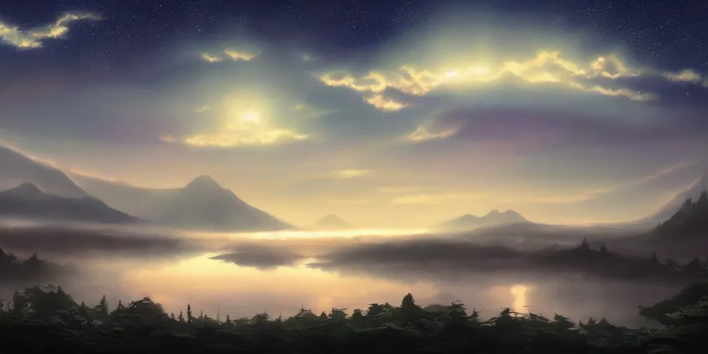 Prompt: a beautiful matte painting of a magic lake by night with fog mountains in the background and the milkyway in the sky by studio ghibli and hayao miyazaki and kazuo oga, manga, trending on artstation