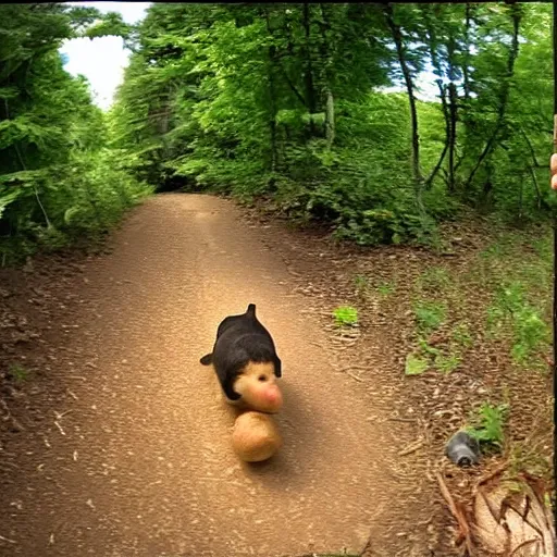 Image similar to trailcam footage running from a terrifying potato. a potato is chasing after you