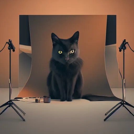 Image similar to digital illustration of a black cat sitting in a photo studio, matte background, photorealistic, octane, Unreal Engine, finalRender, concept art, digital illustration, artstation, artstation hq, hd, 4k resolution