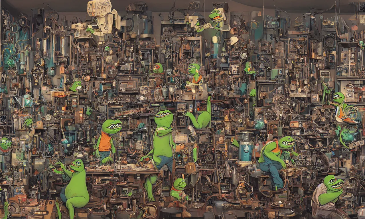 Image similar to an extremely cluttered animatronic pepe repair shop in 2067, art by Josan Gonzales and Dan Hillier, extremely detailed, fine detail, 8K