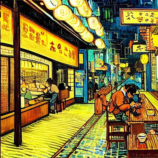 Prompt: bladerunnner noodle shop scene, cyberpunk, japan city, van gogh painting,