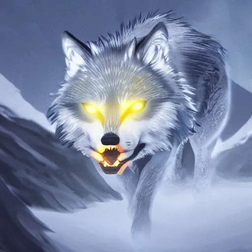 Prompt: digital art, trending on artstation, silver haired yellow glowing eyes wolf stalking a prey at night through the mountains