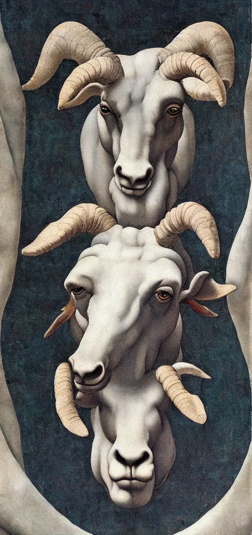 Image similar to giant goat with evil eyes, painting by michelangelo