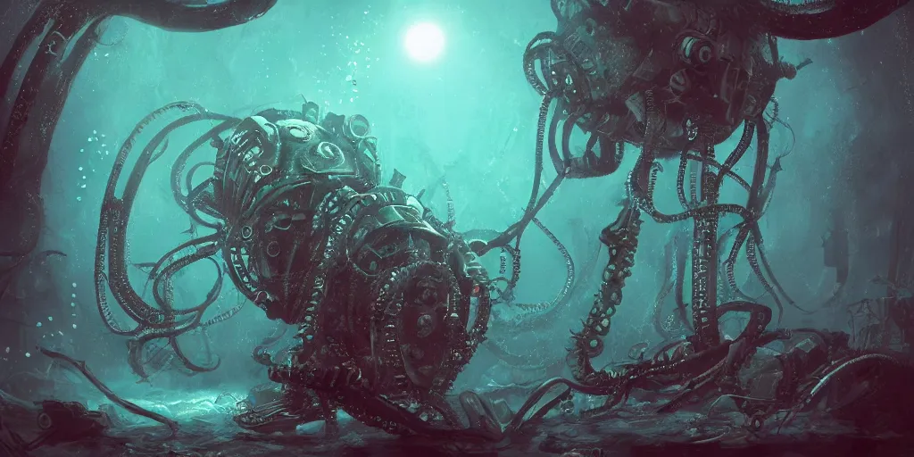 Prompt: A mechanical Lovecraftian Nightmare deep underwater, digital art, trending on artstation