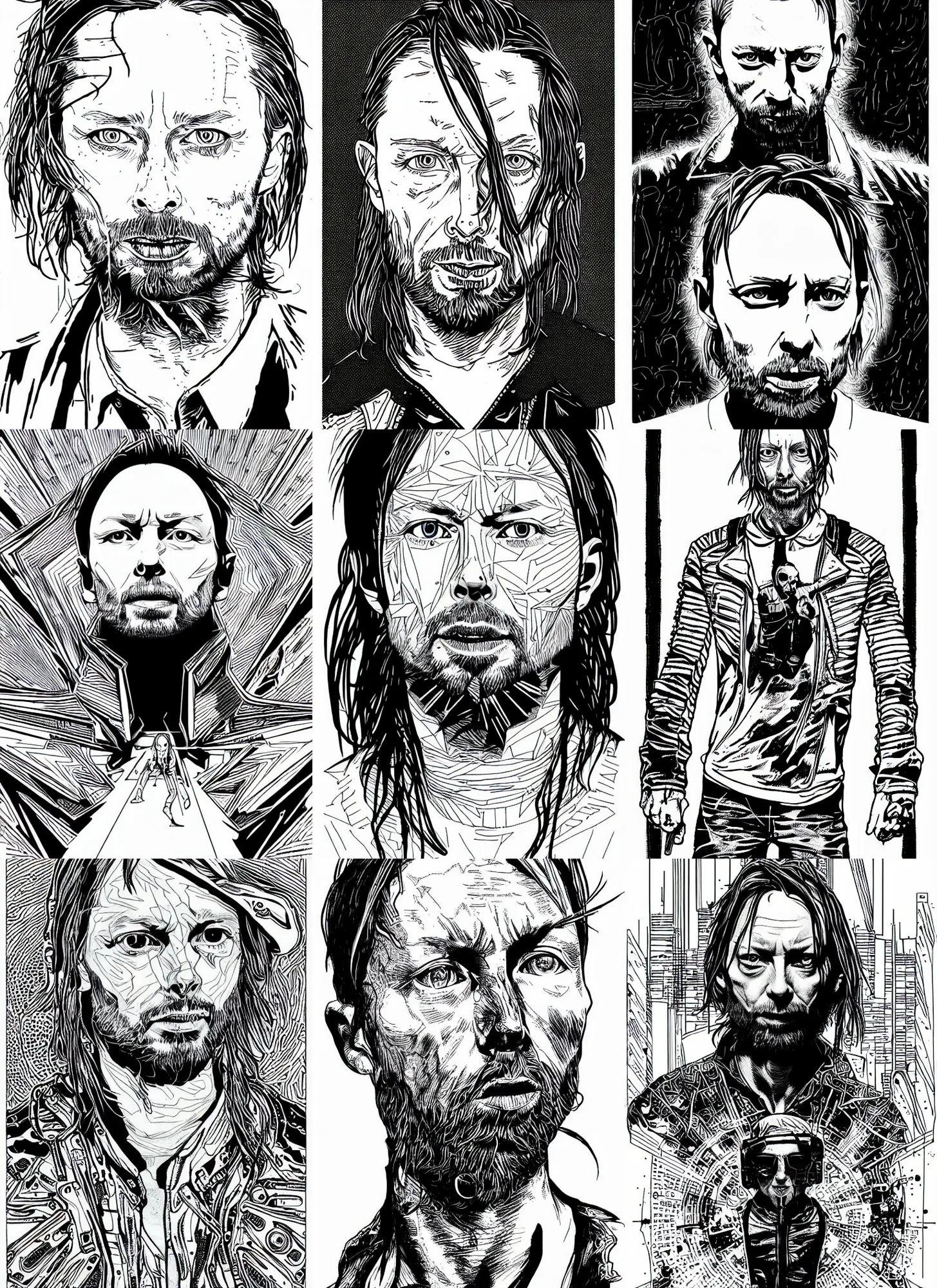 Prompt: thom yorke, portrait, cyberpunk 2 0 2 0 manual, by steampoweredmikej, inktober, ink drawing, black and white, coloring pages, manga, highly detailed