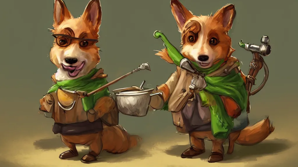 Prompt: An anthropomorphic corgi with a smoking pipe and a green scarf around his neck dressed as a wandering salesman in a fantasy setting. He has a miniature donkey loaded up with all of his wares, dreamscape, dramatic lighting, fantasy art illustration, trending on artstation, Aetherpunk