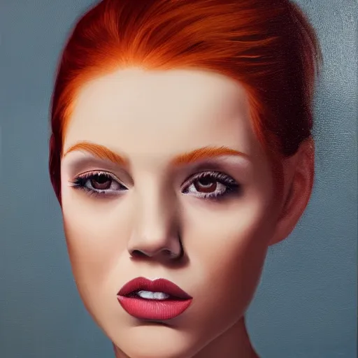 Prompt: hyperrealism oil painting of redhead emotional fashion model portrait