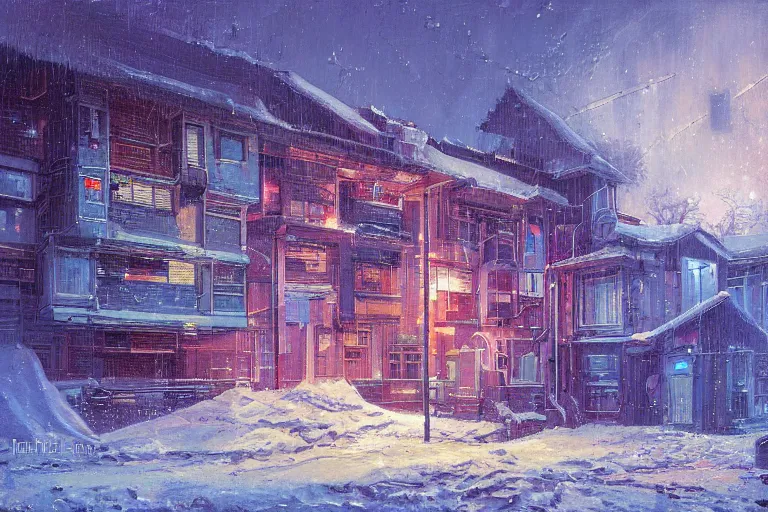 Image similar to cyberpunk, winter in the snow, external view of a 5 bedroom detached cyberpunk house in the UK, by Paul Lehr