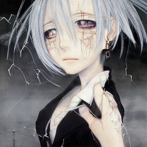 Image similar to yoshitaka amano blurry realistic illustration of an anime girl with white hair and cracks on her face wearing dress suit with tie fluttering in the wind, abstract black and white patterns on the background, upside down cross earring, noisy film grain effect, highly detailed, renaissance oil painting, weird portrait angle