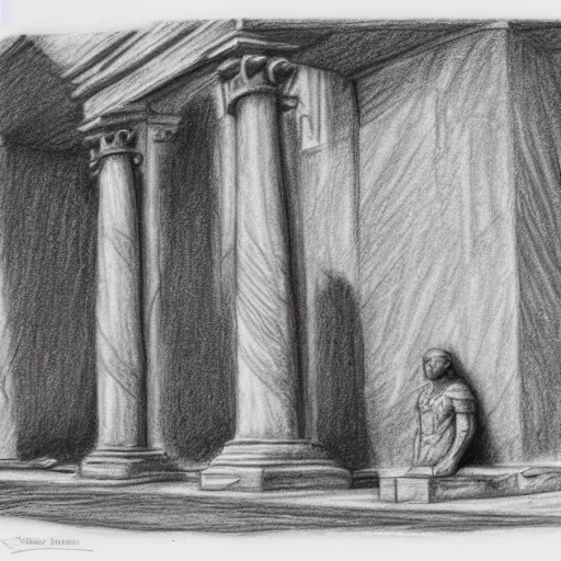 Prompt: The street is in ruins. A ruined statue. Fantasy. Pencil drawing