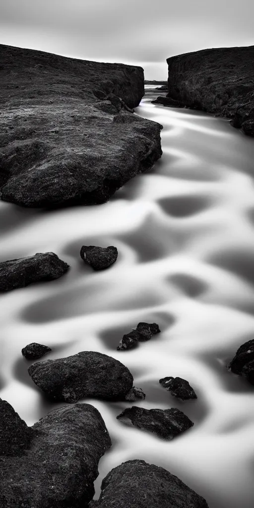 Image similar to minimalist black and white photograph of an icelandic, canyons, time exposure, of a river, large sharp rocks,