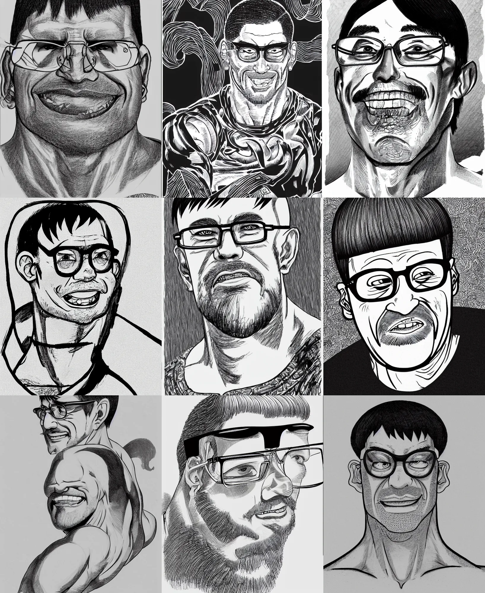 Prompt: detailed ink line drawing of a buff smiling man with long stubble, muscular neck, rectangular square shaped glasses and a black bowl cut, wearing a black tshirt, b & w clean shaped illustration by kim jung gi, ric estrada, ron english, randolph caldecott and eiichiro oda