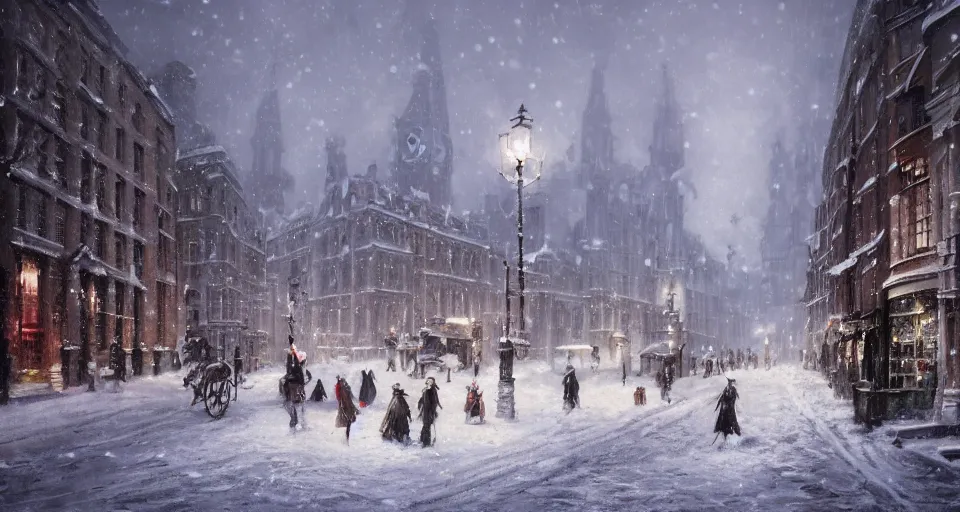 Image similar to snowy christmas victorian london, street scene, street level, whitechapel, hyperdetailed, artstation, cgsociety, 8 k