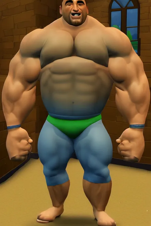 Prompt: portrait of hulking herculean bodybuilder muscular musclebound bodybuilder danny devito, second life avatar, the sims 4