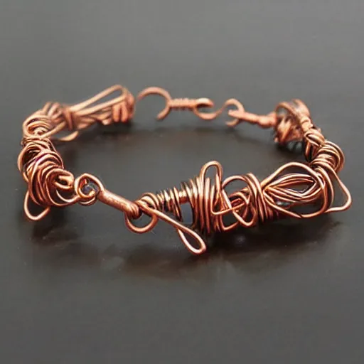 Prompt: copper wire, pseudomorph stone bracelet, bronze age, jewelry concept