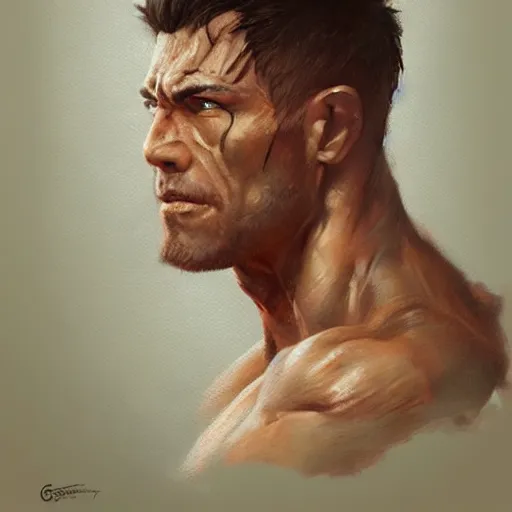 Image similar to A head-on detailed oil portrait of muscular martial artist by greg rutkowski and artgerm, trending on artstation, dungeons and dragons art