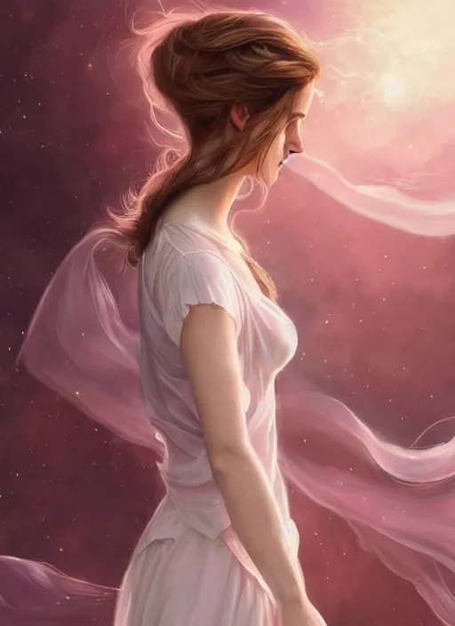 Image similar to emma watson as nature magic celestial, long hair, soft pink and white cloth, transparent cloth, space, D&D, shiny background, intricate, elegant, highly detailed, digital painting, artstation, concept art, smooth, sharp focus, illustration, artgerm, bouguereau