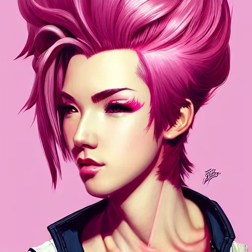 Prompt: head and shoulders portrait of VI from League of Legends with sidecut hairstyle and pink hair, illustration, medium shot, intricate, elegant, highly detailed, digital art, ffffound, art by JC Leyendecker and sachin teng