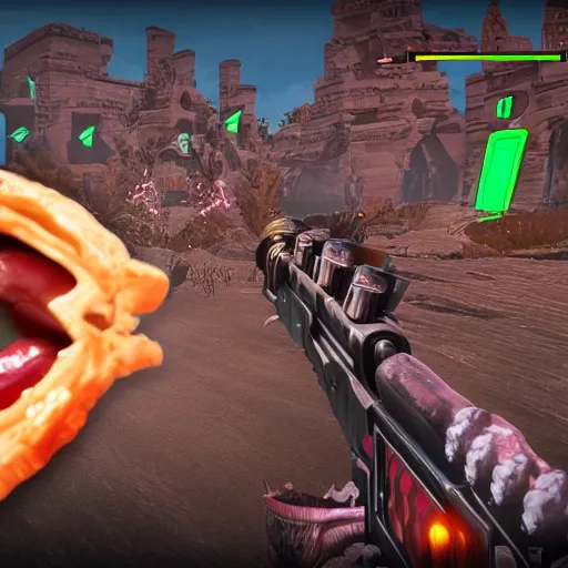 Prompt: outriders gun made of bacon and teeth, glowing with unholy energy, in game screenshot