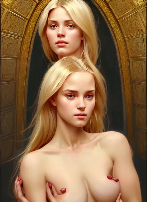 Image similar to perfectly feminine face!! full body portrait of young wife blessed by god with ever - increasing physical mental perfection, blonde, symmetrical! intricate, sensual features, highly detailed, biblical divine holy perfection!! digital painting, artstation, concept art, smooth, sharp focus, illustration, art by artgerm and greg rutkowski and alphonse mucha