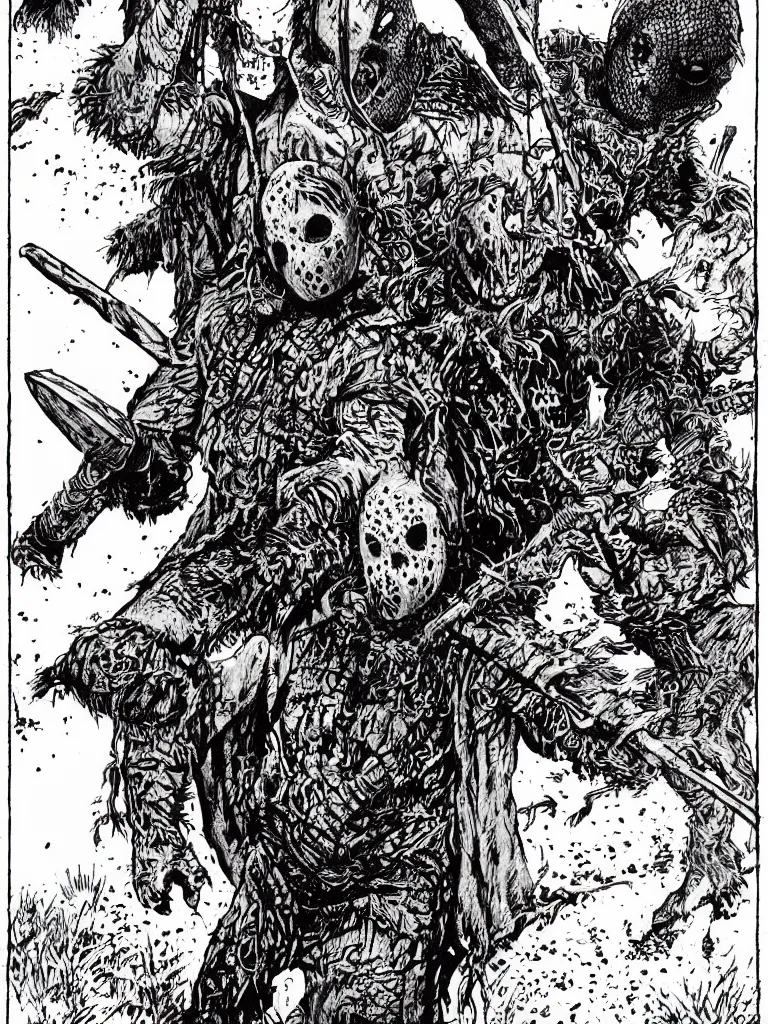 Image similar to Jason Voorhees as a D&D monster, pen-and-ink illustration, etching, by Russ Nicholson, DAvid A Trampier, larry elmore, 1981, HQ scan, intricate details, high contrast