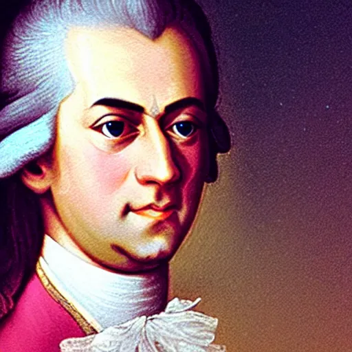 Prompt: a photo of wolfgang amadeus mozart on a rave. he sweats a lot because the club is poorly ventilated, but he still has a great time. club photography, smartphone photography.