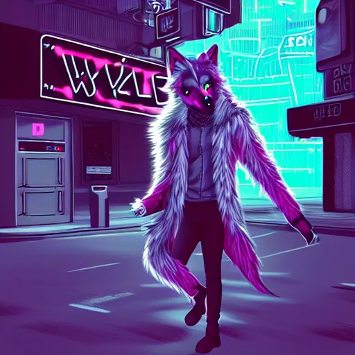 Image similar to beautiful furry digital art portrait of an androgynous furry anthro wolf fursona both wearing punk clothes in the streets of a cyberpunk city. neon signs.