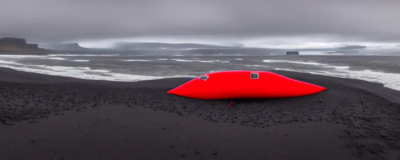 Prompt: cinematic shot of giant symmetrical red military spacecraft landing on an endless black sand beach in iceland with icebergs in the distance, 2 8 mm, shockwave