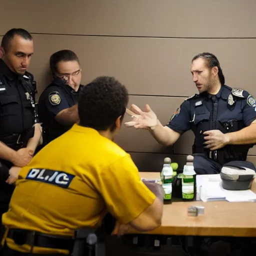 Image similar to coherent photo of police interrogating a jar of pickles