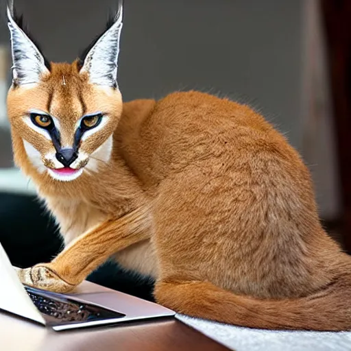 Prompt: cute caracal cat watching a laptop, realistic