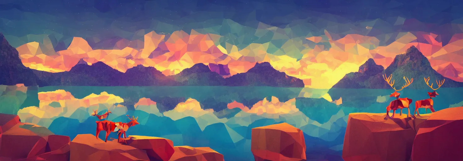 Prompt: super detailed color lowpoly art, northern sunset with rocks on front, lake in the middle of perspective and mountains at background, graphic reindeers in random points, unreal engine, david hockney color palette, 3d render, lowpoly, colorful, digital art