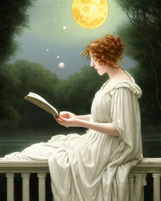 Image similar to a girl in white nightgown reading a book by the river, a full moon on the horizon, dark starry sky, golden orbs and fireflies, illustration, dramatic lighting, art nouveau, highly detailed face, 8 k, hd, by edmund blair leighton, brom, charlie bowater, trending on artstation, tom bagshaw