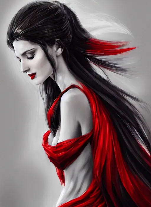 Image similar to a highly detailed illustration of elegant beautiful long black hair white woman wearing a red and black dress, dramatic smile pose, perfect face, intricate, elegant, highly detailed, centered, digital painting, artstation, concept art, smooth, sharp focus, league of legends concept art, WLOP