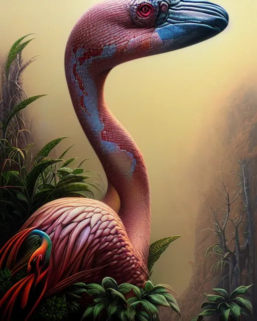 Image similar to a detailed portrait of dreampunk flamingo python hybrid mix by tomasz alen kopera and peter mohrbacher