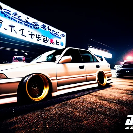 Prompt: a car JZX100 turbo drift at illegal car meet, Kanagawa prefecture, city midnight mist lights, cinematic color, photorealistic, highly detailed wheels, 200MM