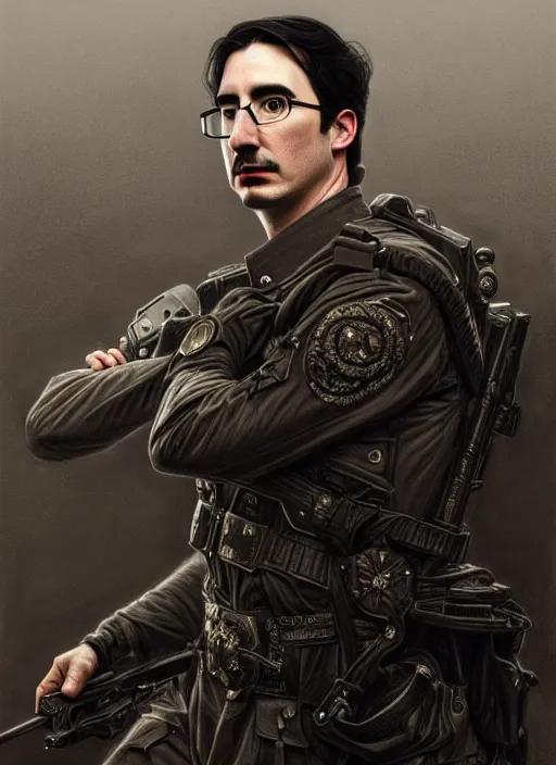 Image similar to a portrait of john oliver standing next to adam driver, stoic, full body, military uniform, fantasy, intricate, elegant, beautiful, highly detailed, charcoal, centered, dark, smokey, digital painting, artstation, concept art, smooth, sharp focus, illustration, art by artgerm and greg rutkowski and alphonse mucha