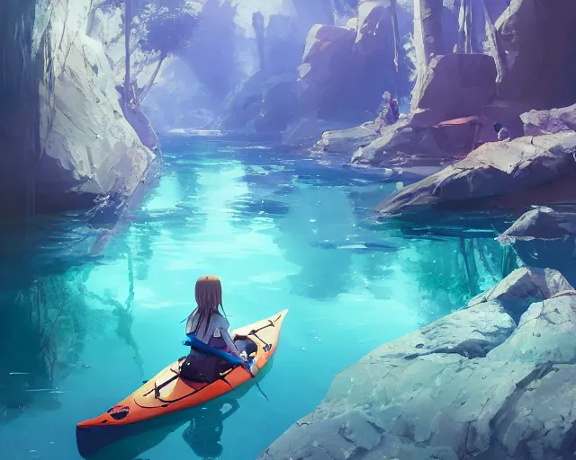 Image similar to a girl in a kayak in a river. blue water, atmospheric lighting. by makoto shinkai, stanley artgerm lau, wlop, rossdraws, james jean, andrei riabovitchev, marc simonetti, krenz cushart, sakimichan, d & d trending on artstation, digital art.