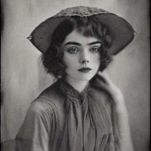 Prompt: headshot edwardian photograph of elle fanning, lily collins, scarlett johansson, 1 9 2 0 s film actress, realistic face, ethereal, 1 9 1 0 s, grainy, victorian, soft blur