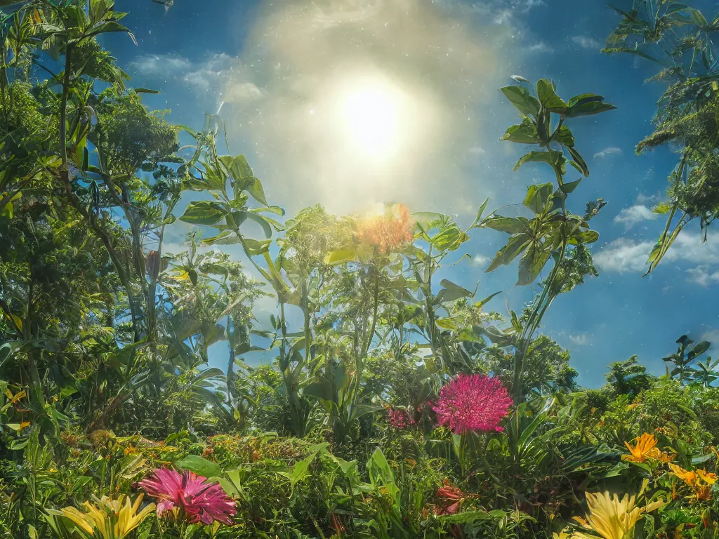 Image similar to sunlight study, the universe is a spheroid region 7 0 5 meters in diameter of kauai wildflower undergrowth, art nouveau, by maria sibylla merian and ( ( ( ( ( lisa frank ) ) ) ) ), 8 k, sharp focus, octane render