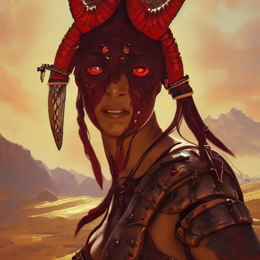 Image similar to portrait of a female berber tiefling with red skin, devil horns and black hair in a ponytail wearing a steel chestplate in a desert, fantasy, highly detailed, digital painting, artstation, concept art, character art, art by artgerm and greg rutkowski and alphonse mucha