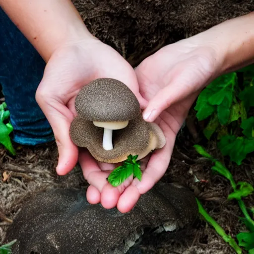 Image similar to hands holding a mushroom with slug texure