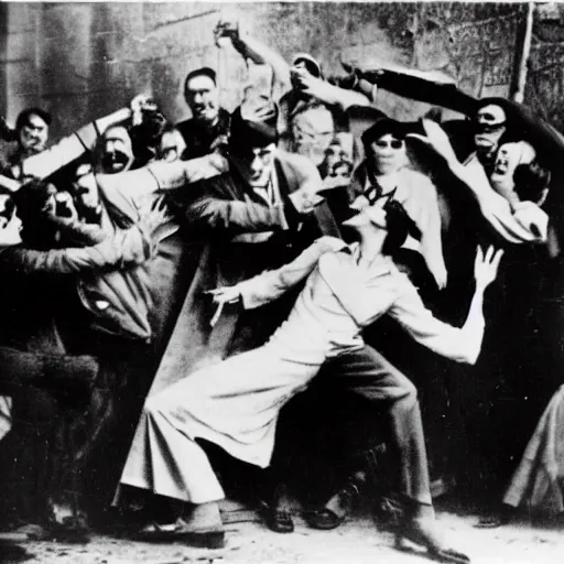 Prompt: a 1 9 3 0 s newspaper photo of a vampire attacking a group of people outside a church