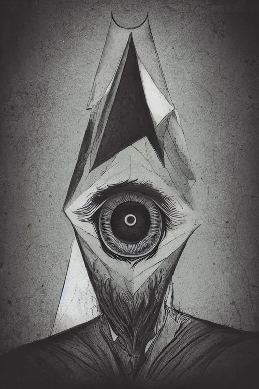 Prompt: portrait of triangle shaped head wearing wizard hat with single centered giant diamond eye, in the style of Greg Broadmore and Arthur Rackham,trending on artstation, light lighting side view,digital art,surrealism ,macro,blueprint ,vaporwave ,