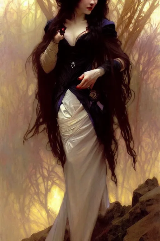 Image similar to vampire lady with long white hair, painting by daniel gerhartz, alphonse mucha, bouguereau, detailed art, artstation