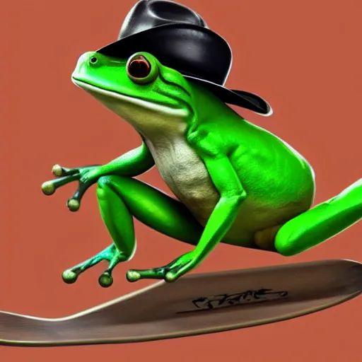 Image similar to a frog wearing a cowboy hat and riding a skateboard, award winning, trending on artstation, unreal engine