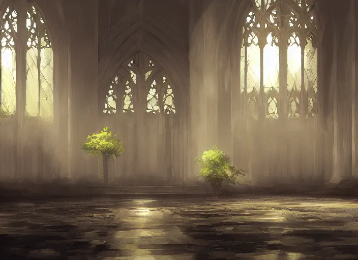 Image similar to clean neat clarity professional visual development set design, large gothic hall, sparse plants, dim painterly lighting volumetric aquatics, impasto, trending on pixiv